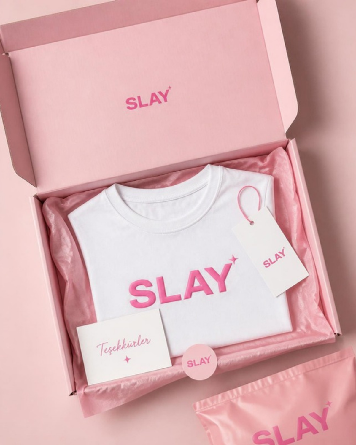 SLAY özel paketleme – pembe kutu, pelur kâğıt, sticker ve teşekkür kartı